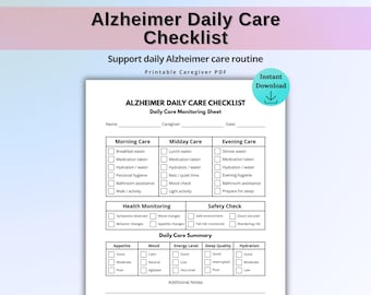 Alzheimer Daily Care Checklist Printable, Caregiver Daily Routine Sheet, Alzheimer Care Log, Home Care Checklist PDF