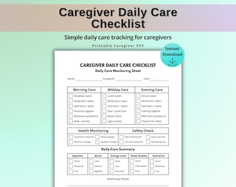 Caregiver Daily Care Checklist Printable, Daily Routine Tracker, Patient Care Log, Home Care Planner PDF