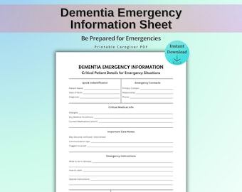 Dementia Emergency Information Sheet Printable, Alzheimer’s Emergency Info Form, Caregiver Medical Info Sheet, Instant Download PDF