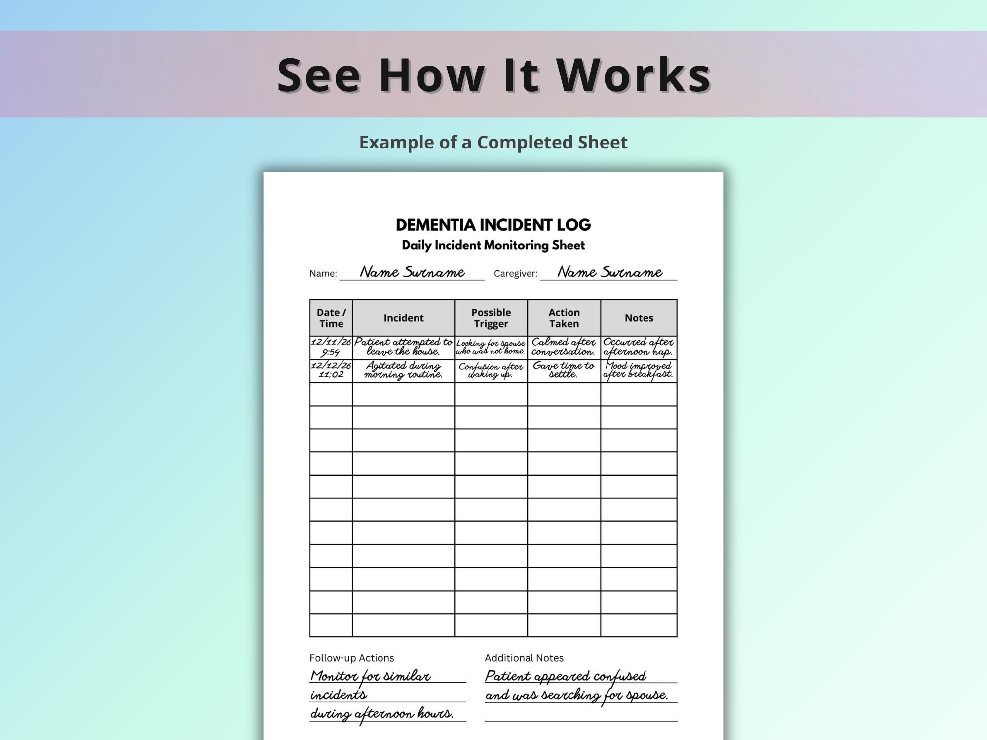 Dementia Incident Log, Caregiver Behavior Log, Alzheimer Behavior ...
