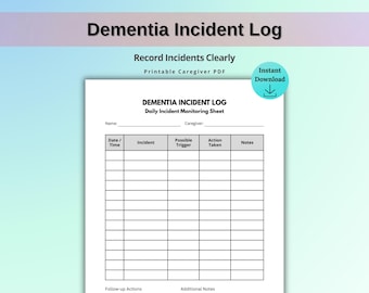 Dementia Incident Log, Caregiver Behavior Log, Alzheimer Behavior Tracker, Dementia Care Log Printable, Caregiver Incident Report PDF