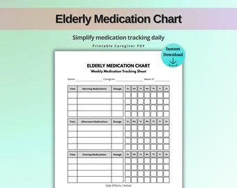 Elderly Medication Chart Printable, Weekly Medication Tracker, Senior Care Pill Log, Medication Schedule PDF