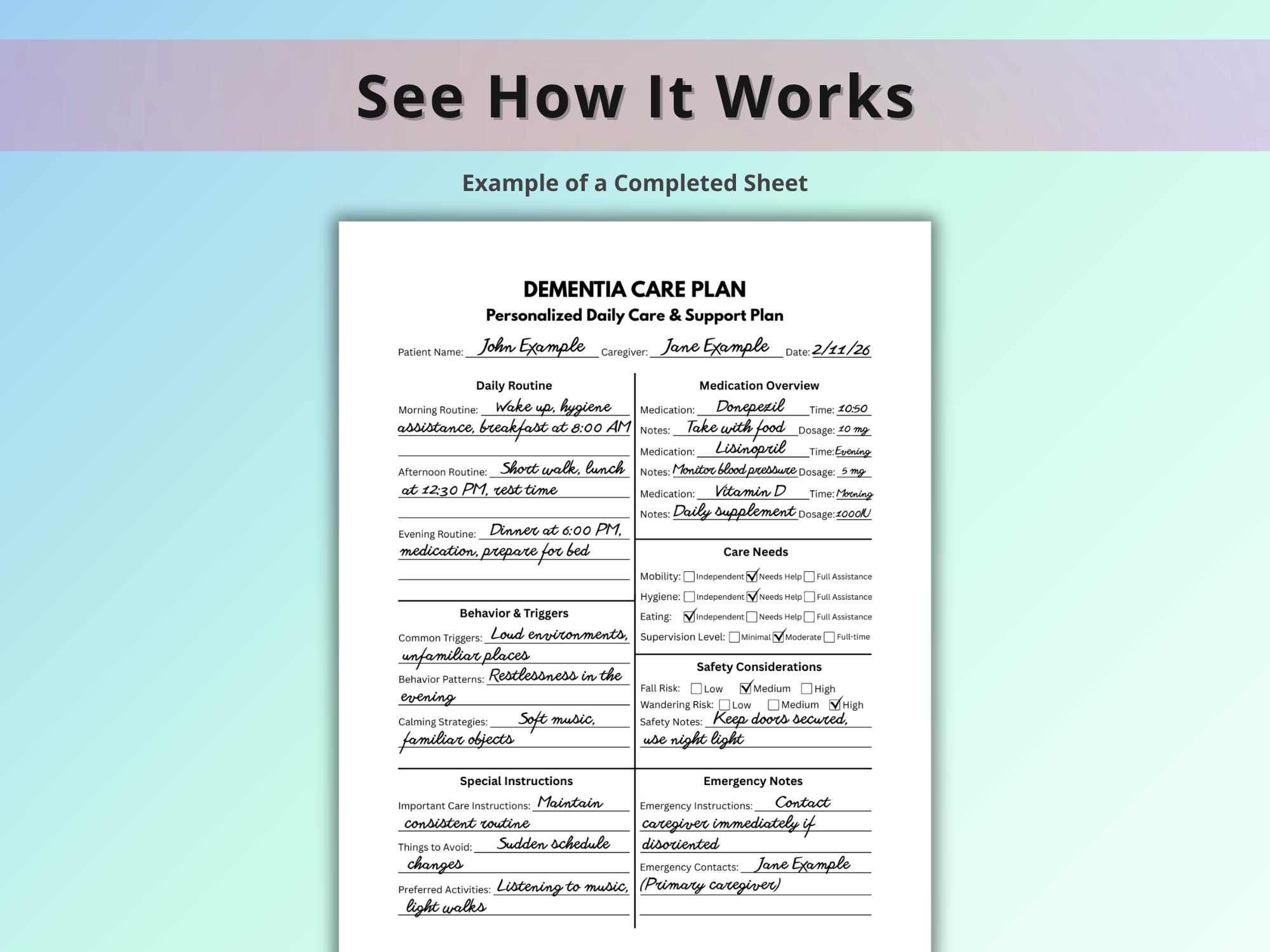 Dementia Care Plan Printable, Alzheimer Daily Care Planner, Caregiver ...