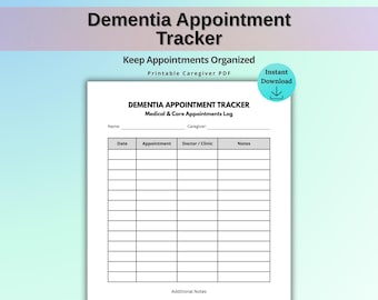 Dementia Appointment Tracker, Medical Visit Log, Caregiver Appointment Planner, Doctor Visit Tracker, Alzheimer Care Printable PDF