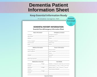 Dementia Patient Information Sheet Printable, Emergency Medical Info Form, Caregiver Organizer, Alzheimer Care Planner, Instant Download PDF