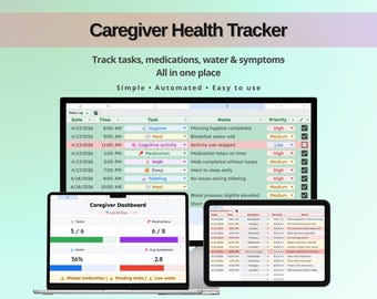 Caregiver Log Sheet & Health Tracker | Medication, Tasks, Water and Symptoms Tracker | Google Sheets Dashboard Template