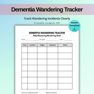 Puede incluir: Un documento PDF imprimible para el seguimiento de la deambulación en la demencia. El documento incluye secciones para la hora, el lugar, el desencadenante, la respuesta y las notas. El título "Dementia Wandering Tracker" está en la parte superior.
