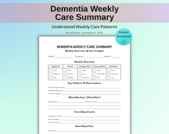 Dementia Weekly Care Tracker Printable, Caregiver Planner PDF, Elderly Care Log, Behavior & Mood Tracker, Medical Organizer Sheet