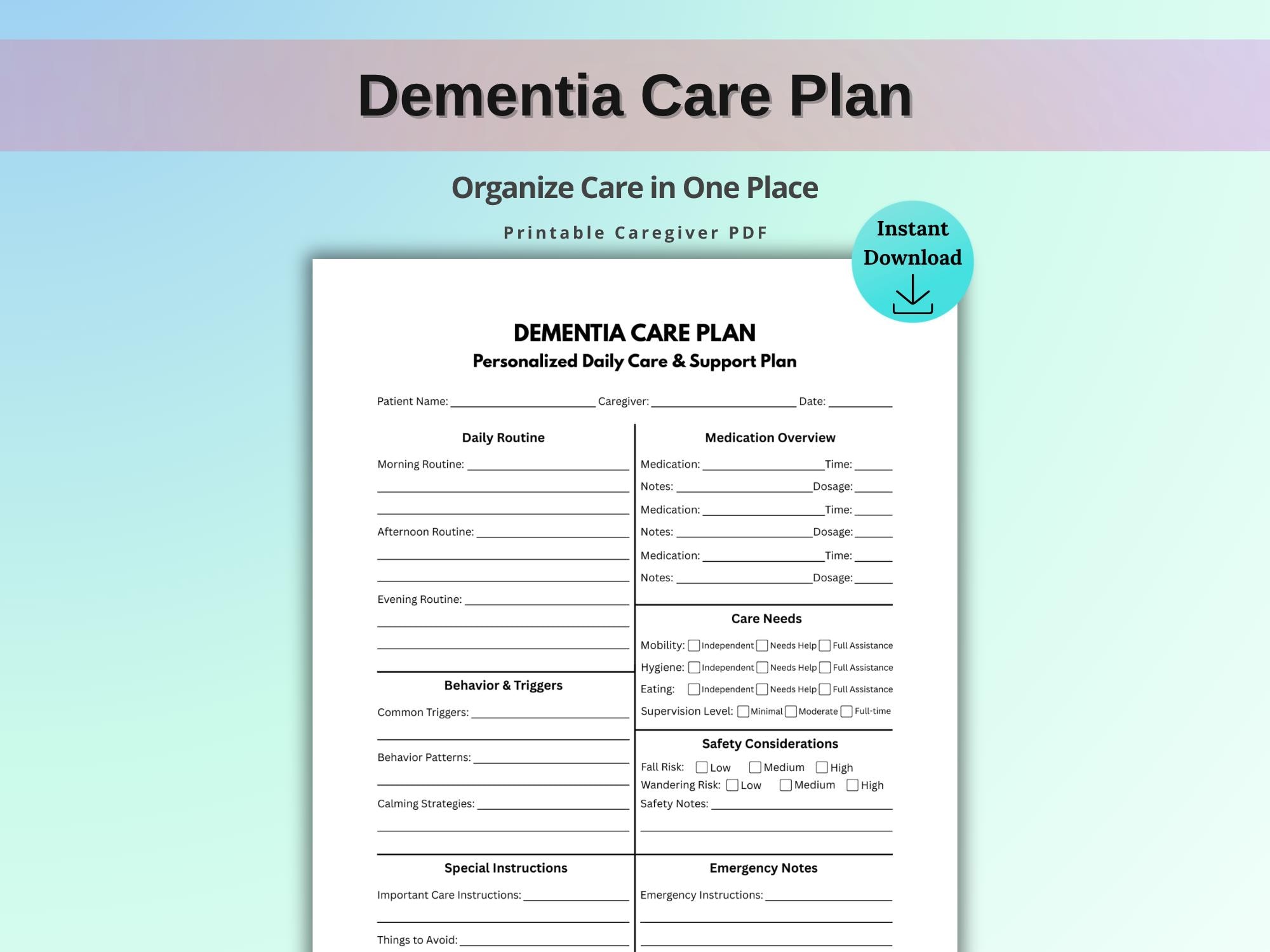Dementia Care Plan Printable, Alzheimer Daily Care Planner, Caregiver ...