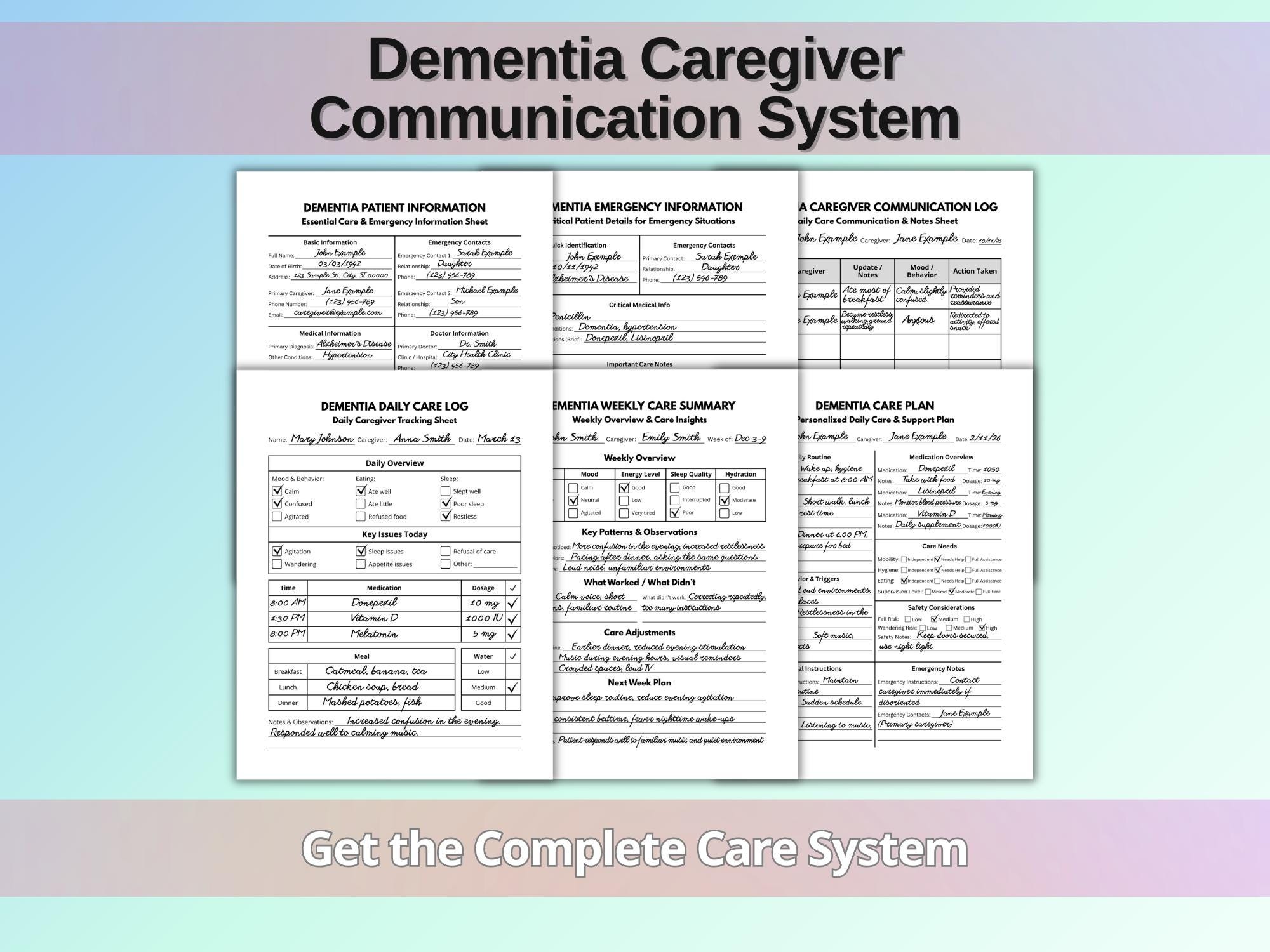 Dementia Patient Information Sheet Printable, Emergency Medical Info