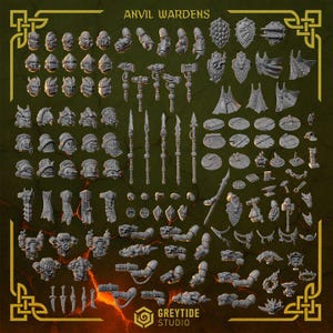 May include: A selection of miniature figurines and accessories, including helmets, weapons, shields, and armour pieces. The text "ANVIL WARDENS" is at the top. The "GREYTIDE STUDIO" logo is at the bottom. The pieces are grey and arranged on a dark green background.