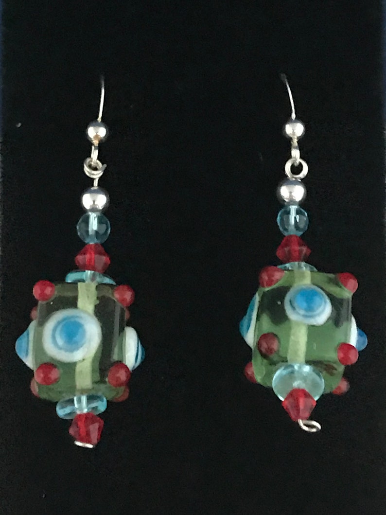 Mint Green CUBE Lampwork Beaded Earrings Bumpy Bead BOHO Style Earrings