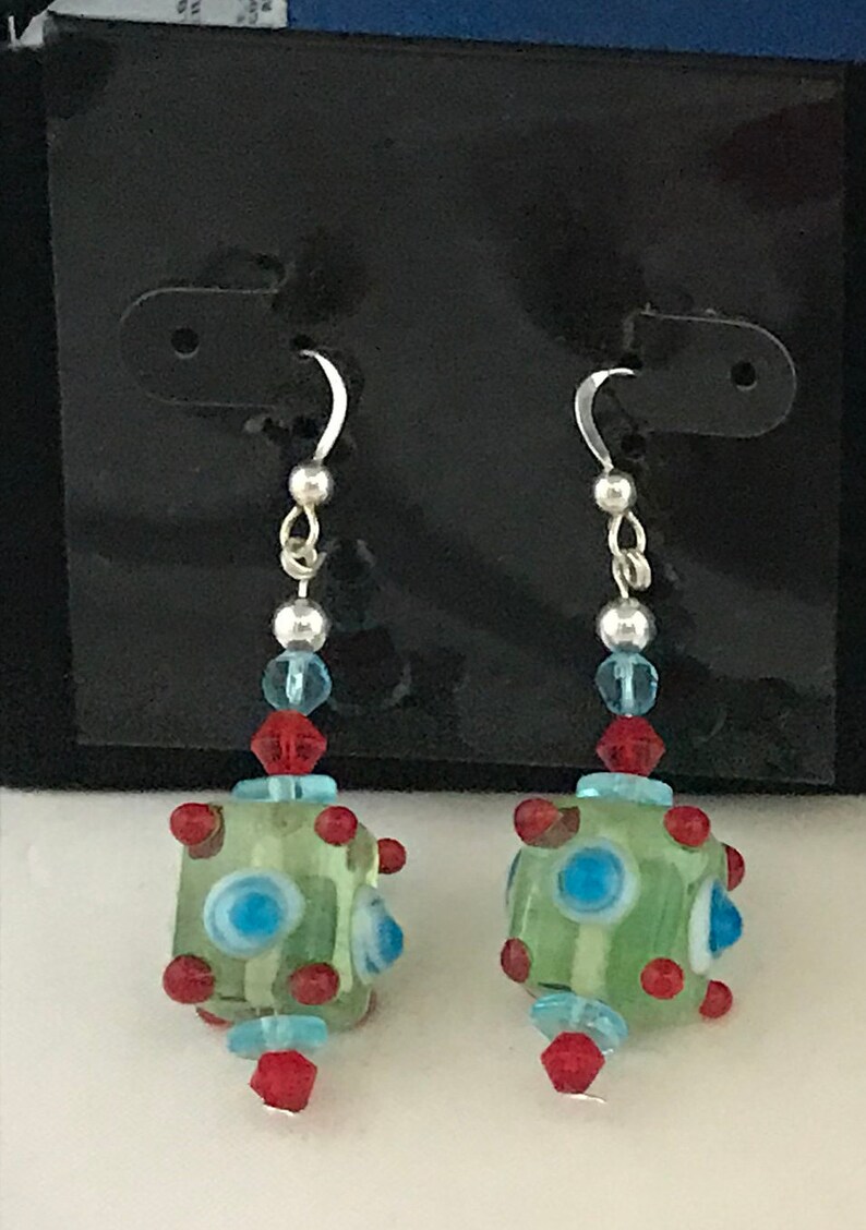 Mint Green CUBE Lampwork Beaded Earrings Bumpy Bead BOHO Style Earrings