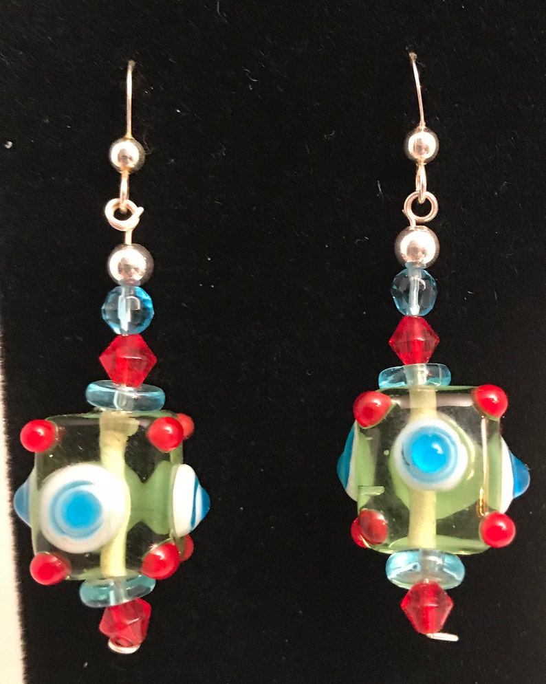 Mint Green CUBE Lampwork Beaded Earrings Bumpy Bead BOHO Style Earrings