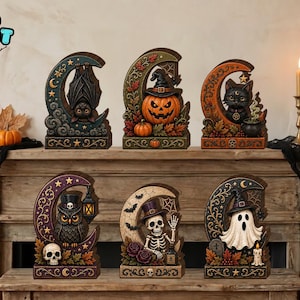 2D Flat Wooden Block Halloween Decor, Crescent Moon Bat, Pumpkin Witch, Black Cat, Top Hat Owl, Skeleton, Ghost Signs
