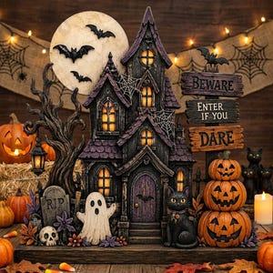 May include: A decorative Halloween haunted house figurine featuring a full moon, a ghost, a black cat, and a stack of three jack-o'-lanterns. A wooden signpost displays the text BEWARE, ENTER IF YOU DARE. The scene includes a tombstone with RIP.