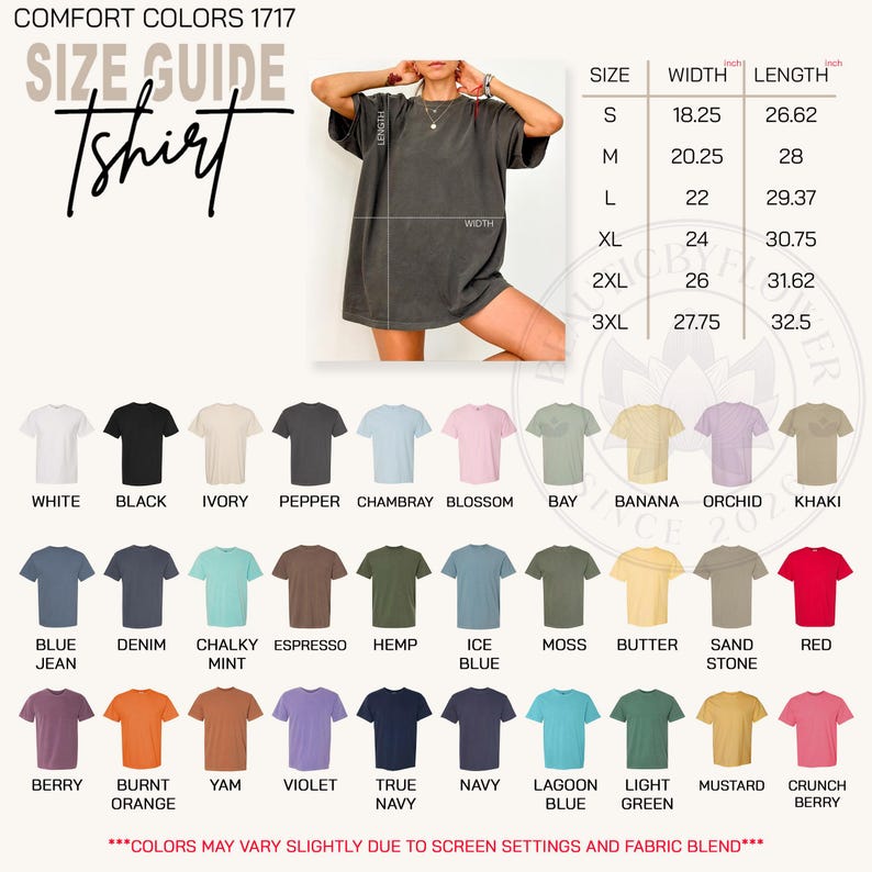 Może przedstawiać: Tabela rozmiar&oacute;w koszulek Comfort Colors 1717 przedstawiająca koszulkę z kr&oacute;tkim rękawem w kolorze antracytowym, tabelę wymiar&oacute;w w calach dla rozmiar&oacute;w od S do 3XL oraz paletę trzydziestu dw&oacute;ch kolor&oacute;w tkanin wraz z odpowiednimi etykietami.