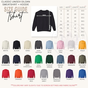 Może przedstawiać: Tabela rozmiar&oacute;w bluz unisex Gildan z ilustracją czarnej bluzy, strzałkami wymiarowymi, tabelą z wymiarami w calach dla rozmiar&oacute;w od S do 5XL oraz dwudziestoma jeden pr&oacute;bkami kolor&oacute;w wraz z ich nazwami pod każdą z nich.