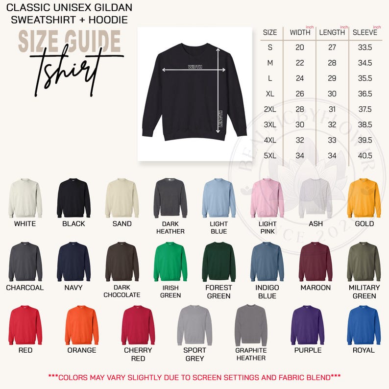 Może przedstawiać: Tabela rozmiar&oacute;w bluz unisex Gildan z ilustracją czarnej bluzy, strzałkami wymiarowymi, tabelą z wymiarami w calach dla rozmiar&oacute;w od S do 5XL oraz dwudziestoma jeden pr&oacute;bkami kolor&oacute;w wraz z ich nazwami pod każdą z nich.