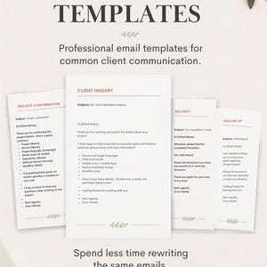 Może przedstawiać: Kolekcja cyfrowych szablonów wiadomości e-mail dla klientów tłumaczeniowych, z nagłówkami takimi jak Project Confirmation, Client Inquiry, Delivery i Follow-up. Tekst zawiera Translation Client Email Templates, Professional email templates for common client communication, Spend less time rewriting the same emails, View the Email Templates oraz Structured Language Co.