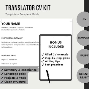 Puede incluir: Gráfico en blanco y negro para un kit de currículum vitae de traductor. El texto incluye "Kit de currículum vitae de traductor" y "Plantilla editable". El kit incluye una plantilla, una muestra y una guía. Las funciones adicionales incluyen un ejemplo de currículum vitae completo, una guía paso a paso, consejos de escritura y mejores prácticas.