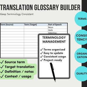 May include: A graphic promoting a translation glossary builder. The image features a table for source and target terms, a checklist for terminology management, and text that reads "Keep Terminology Consistent". The design includes teal circles and a black and white background.
