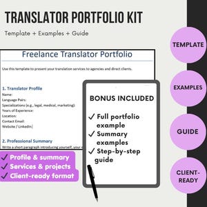 Może przedstawiać: Cyfrowy szablon zestawu portfolio tłumacza. Projekt zawiera szablon, przykłady i przewodnik. Zestaw zawiera pełny przykład portfolio, przykłady podsumowań i przewodnik krok po kroku. Tekst zawiera "Freelance Translator Portfolio".