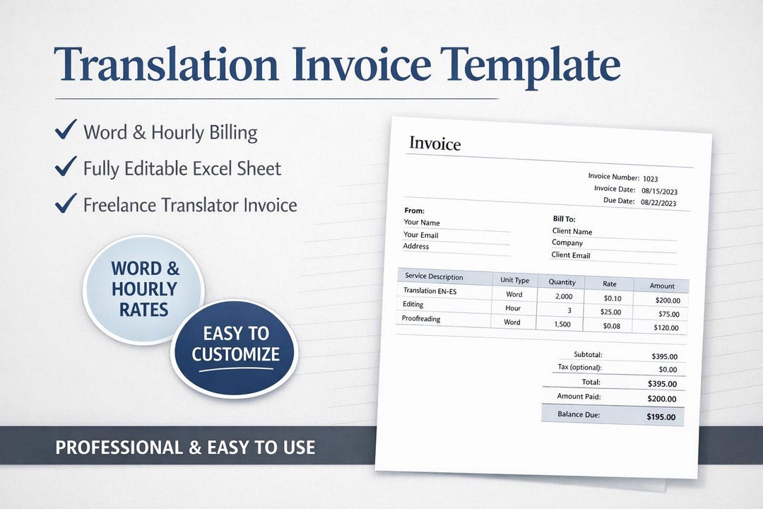 Translation Invoice Template | Excel Invoice for Freelance Translators ...
