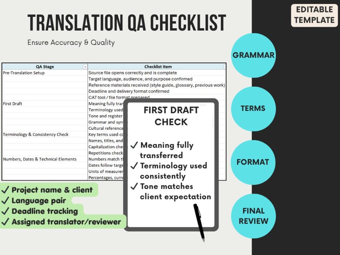 Translation QA Checklist Excel Template | Quality Assurance Workflow ...