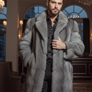 Men's Silver-Grey Faux Fur Coat – Plush Winter Overcoat, |Handcrafted Designer Fur Jacket