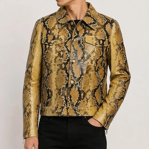 Men's Golden Yellow Python Print Leather Trucker Jacket, Snakeskin Biker Coat