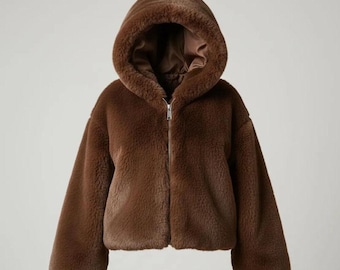 Chocolate Brown Faux Fur Cropped Hoodie + Free Gift | Oversized Plush Winter hoodie