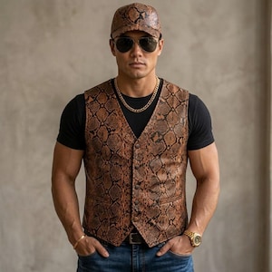 Conjunto de chaleco y gorra de piel de serpiente marrón para hombre, chaleco con estampado de pitón estilo western.
