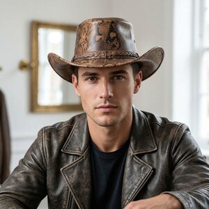 Brown Snakeskin Leather Cowboy Hat, Braided Band with Metal Studs