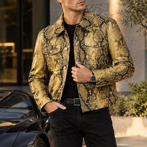Gelbe Bikerjacke für Herren mit Schlangenmuster, Rocker-Style-Oberbekleidung