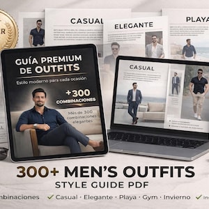 Puede incluir: Una guía de estilo digital titulada "300+ Men's Outfits" se muestra en una tableta y una computadora portátil. La guía presenta ideas de atuendos para diversas ocasiones, incluyendo casual, elegante y playa. También se ven accesorios como gafas de sol y un reloj.