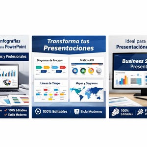 Puede incluir: Tres presentaciones digitales sobre un fondo blanco. Las presentaciones son para PowerPoint, con gráficos y diagramas. El texto incluye "Business Strategy Presentation" y "Transforma tus Presentaciones."