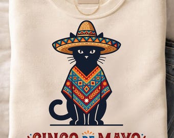 Cinco de Mayo Black Cat PNG, Mexican Fiesta Cat Design, Sombrero Poncho Cat, Funny Cute Colorful Holiday Party Shirt Graphic