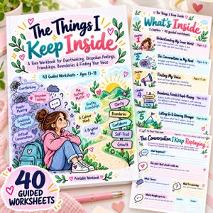 May include: A workbook titled The Things I Keep Inside, A Teen Workbook for Overthinking, Unspoken Feelings, Friendships, Boundaries & Finding Your Voice, featuring an illustration of a person sitting near a path and 40 guided worksheets.
