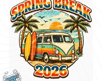 Spring Break 2026 PNG | Retro Surf Van Design | Beach Life Summer Vacation Shirt Graphic | Tropical Surfboard Ocean PNG Download
