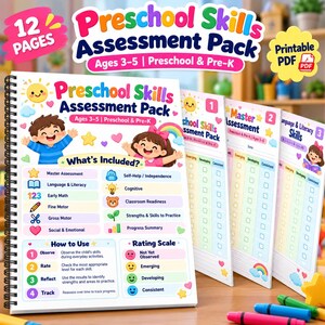 May include: A spiral-bound Preschool Skills Assessment Pack with 12 pages for ages 3-5. The cover features colorful illustrations of children, a rainbow, and hearts, with sections for Master Assessment, Language, Math, and a rating scale.