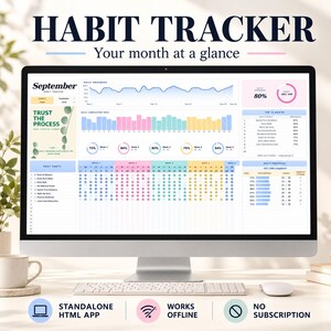 Könnte beinhalten: Ein Computermonitor zeigt einen digitalen Gewohnheits-Tracker für September. Der Bildschirm enthält Diagramme, Fortschrittsbalken und eine Checkliste. Der Text umfasst HABIT TRACKER, Your month at a glance, TRUST THE PROCESS sowie Hinweise wie STANDALONE HTML APP, WORKS OFFLINE und NO SUBSCRIPTION.