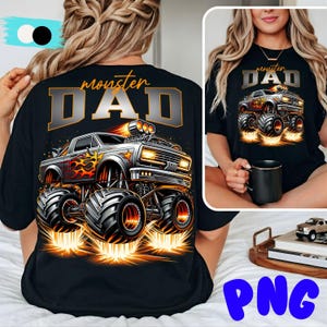 Pode incluir: T-shirt preto com um desenho de monster truck e o texto "monster DAD". O caminh&atilde;o &eacute; prateado com chamas laranja e amarelas. O desenho est&aacute; centrado nas costas da camisa.