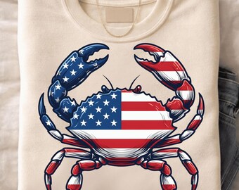 Preppy Patriotic 4th of July Crab American Flag PNG, 250th Anniversary USA Celebration Digital Download, Independence Day Clipart