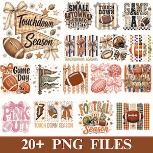 Puede incluir: Una colección de más de 20 diseños gráficos digitales con temas de fútbol americano, que incluyen balones, cascos, banderines, lazos y textos como Touchdown Season, Game Day, Small Town Friday Nights y Pink Out en varios colores.