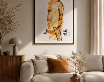 Arte astratta, ritratto digitale, decorazione murale, arancione, poster minimalista, arte moderna, volto, ritratto astratto, arredamento del soggiorno