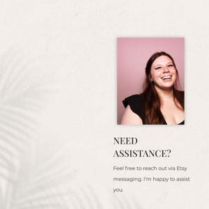 May include: A smiling person with long brown hair and a black top is featured in a pink-toned square photo. The text "NEED ASSISTANCE?" is below the photo, followed by a message about Etsy messaging.