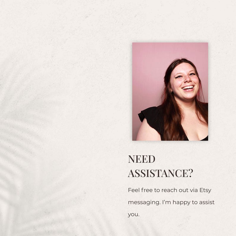 May include: A smiling person with long brown hair and a black top is featured in a pink-toned square photo. The text "NEED ASSISTANCE?" is below the photo, followed by a message about Etsy messaging.