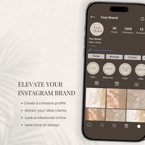 May include: A smartphone displays an Instagram profile with the text "Your Brand." The profile includes follower counts, post numbers, and options to follow, message, and contact. The image also features the text "Elevate Your Instagram Brand."