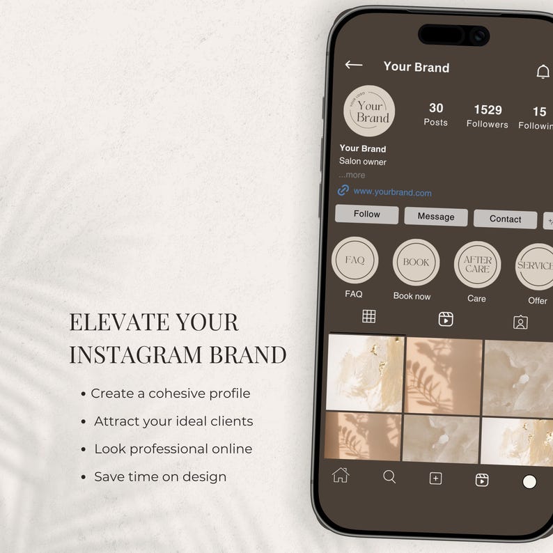 May include: A smartphone displays an Instagram profile with the text "Your Brand." The profile includes follower counts, post numbers, and options to follow, message, and contact. The image also features the text "Elevate Your Instagram Brand."
